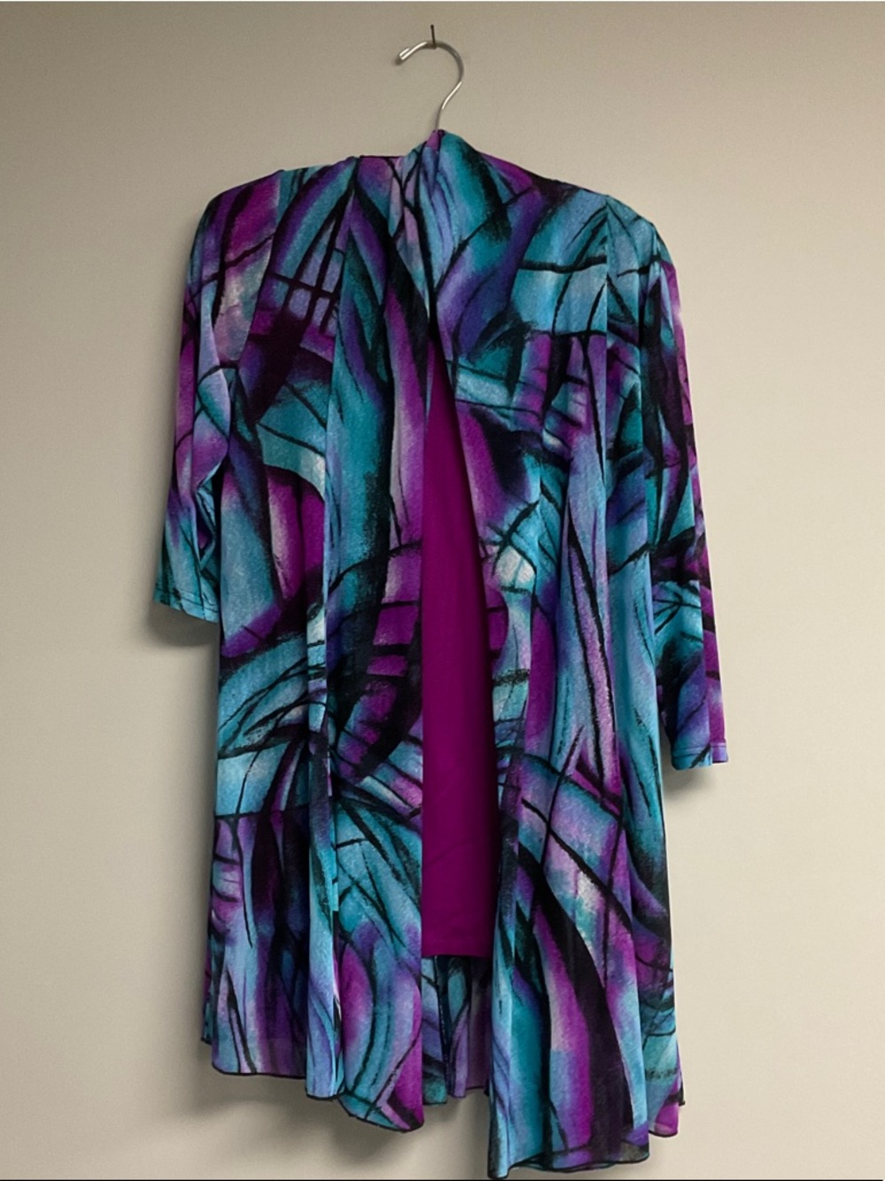 Absolutely Beautiful-Women's Teal & Purple Open-Front Printed Blouse